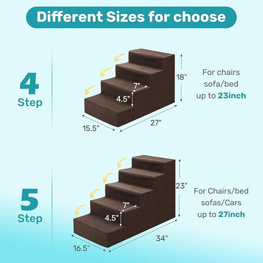 Dog Stairs for Bed, Extra Wide 5-Step Dog Steps for High Bed, High-Density Foam Pet Stairs with Non-Slip Removable Washable Cover for Small Pets, 23" H, Brown