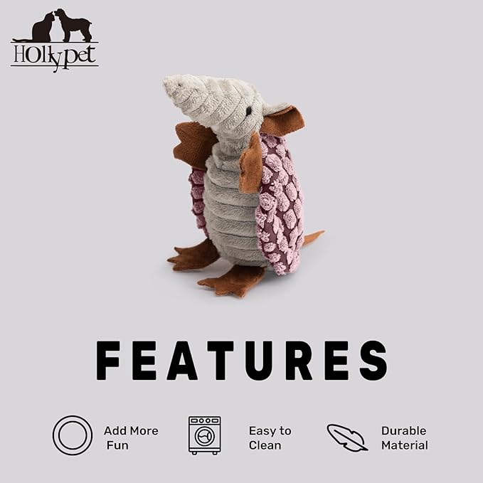 Hollypet Plush Dog Squeaky Toy Stuffed Armadillo Animal Pet Puppy Chew Toys with Clean Teeth for Small Medium Large All Breed Sizes Dogs, Pink, 6 in