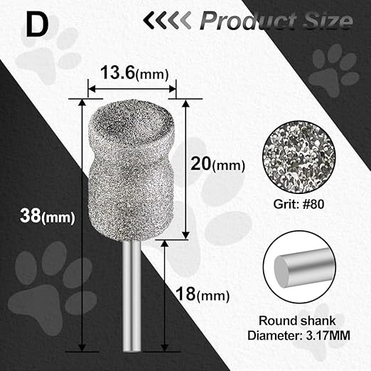Diamond Dog Nail Grinder Bits - FOCSTOL Diamond Rotory Bit for Dogs&Pets, 1/8'' Rotary Nail Grinder Bits for Animals Nail Care (Type D)