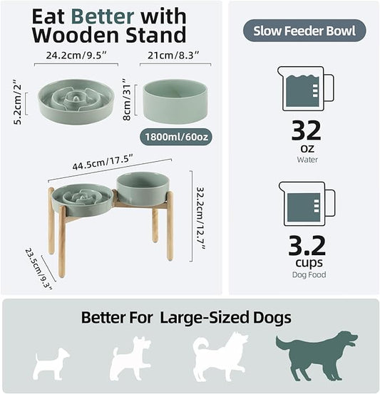 3.2 Cup Ceramic Raised Slow Feeder Dog Bowl Set, Elevated 8.2inch Bowl and 9.5inch Puzzle Slow Food Dish with Wooden Stand for Large Dog, Anti-Gulping (2 x Light Green+ Stand)