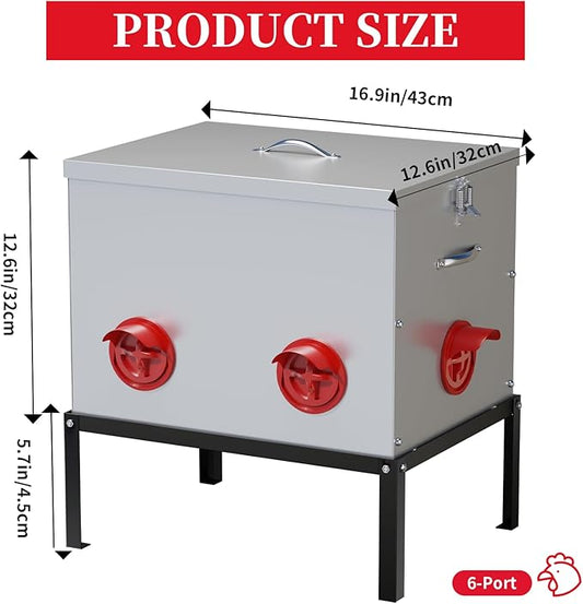 Automatic Chicken Feeder,50LBS 6 Port Large Chicken Feeder with Raise The Base Frame,Waterproof Galvanized Steel Poultry Feeder with Locking Lid for Chicken Coop