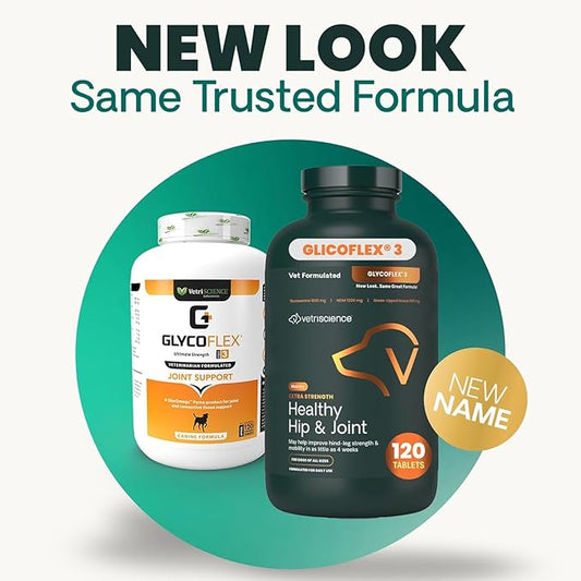 VetriScience Glycoflex 3 Clinically Proven Hip and Joint Supplement for Dogs - Maximum Strength Dog Supplement with Glucosamine, MSM, Green Lipped Mussel & DMG - 2 Pack (120 Chewable Tablets Each)