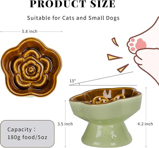 S&Q's CERAMICS Raised Slow Feeder Cat Bowl, Ceramic Elevated Cute Pet Food Bowl Small Dogs Slow Feeder, Flower Shaped Cute Cat Dish for Dry and Wet Food (Brown, 5.8")