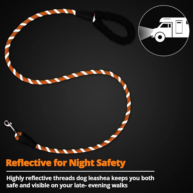 Rope Dog Leash 3 FT: Heavy Duty Leashes with Swivel Lockable Hook Reflective Threads Bungee and Padded Handle - Dog Lead for Large Small Medium Dogs Outside Walking Hiking Orange