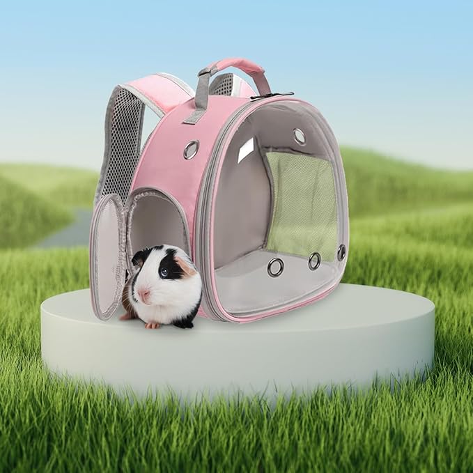 LAIRIES Guinea Pig Carrier, Clear Bubble Window for Guinea Pig, Bunny Rat Bird (Pink, Backpack)