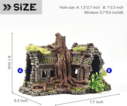 PTFJZ Aquarium Decorations Large Fish Tank Ornament Reptile House Shelter Decor Aquarium Hides with Betta Cave Temple Ruins Tree House Aquarium Landscape Decoration