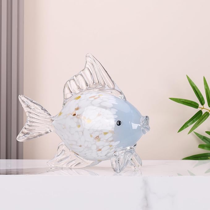 Large Hand Blown Glass Fish Figurines, Aquarium Sea Glass Art, Blue White Fish Statue Sculpture Modern Coastal Accent - for Beach Knick Knacks, Coffee Tables, Nautical Offices Centerpiece