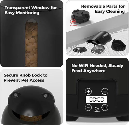 PAPIFEED Automatic Cat Feeder, No WiFi No App Timed Cat Food Dispenser, 6 Meals Programmable with LED Screen, Battery Powered Auto Cat Feeder for Cats & Small Dogs (Black)