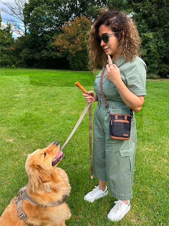 BEAU&FUR Small Dog Treat Pouch with Clicker for Training – 2 Cup Capacity, Built-In Poop Bag Dispenser, Storage for Snacks & Toys - Hands-Free Pouch Snack Holder for Walking and Training – Black Brown