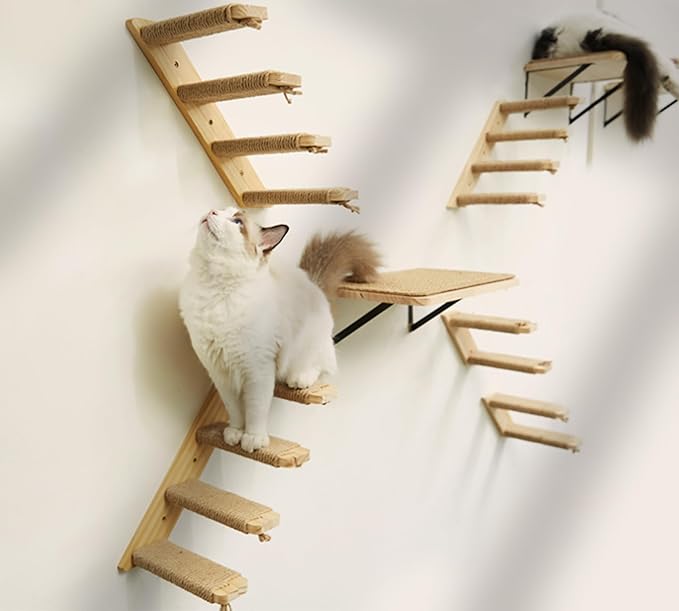 Cat Climbing Shelves Four Stair Shelf Wall Mounted Reversible Left & Right Direction, Cat Stairway Shelf for Climbing with Sisal Rope Ladder Wall Pets Furniture