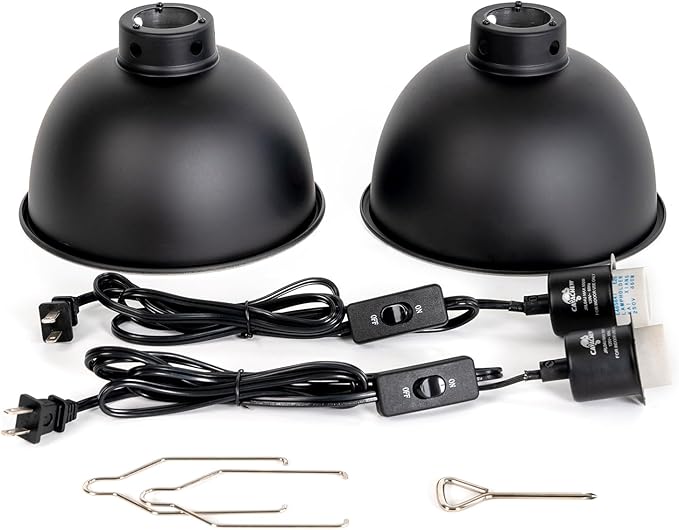 CAVACHEW 2 Pack Reptile Light Fixture, 8.5in Deep Dome Reptile Lamp Fixture, Optical Reflection Cover, Separate Switch & Hook, Terrarium Light Fixture for Reptile Heat Basking UVB Bulbs, 150W, Black