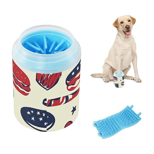 Dog Paw Cleaner Cups for Dogs Pet Foot Washer Paw Scrubber for Medium Small Dogs Cats Cleaning Cup 4th Of July Hamburgers Hot Dogs Barbecue Beige
