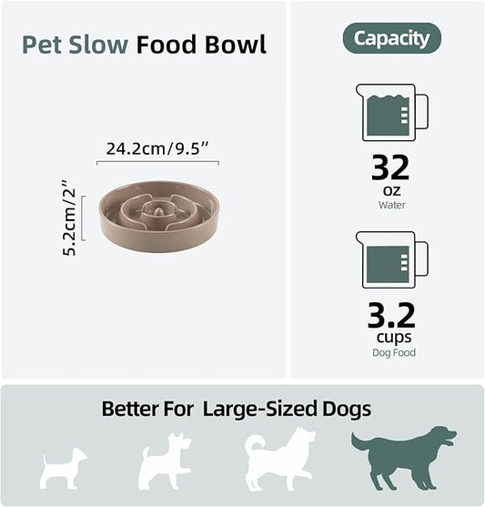 Ceramic 3.2 Cup Slow Feeder Dog Bowl for Large Dog, 9.5inch Puzzle Food Dish, Anti-Gulping, Stop Bloat, Preventing Choking (Single Bowl-Brown Coffee)