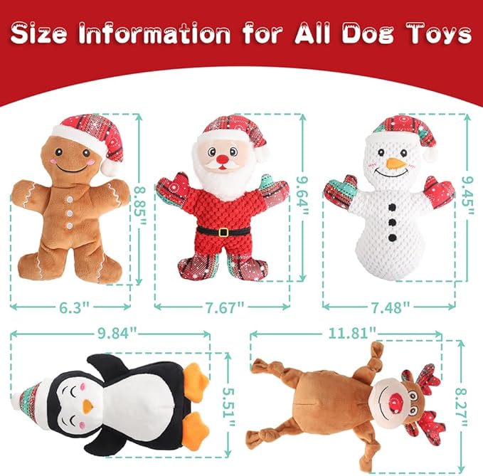 Christmas Dog Squeak Toys for Small, Medium & Large Dogs, Tough Chew Toy for Teething & Chewing, Durable Interactive Puppy Gifts, 5-Pack