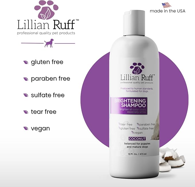 Lillian Ruff PRO Formula Ultra Brightening Dog Shampoo - Professional Whitening & Long-Lasting Odor Eliminator - Removes Stains & Discoloration, Dry Skin & Itch Relief with Aloe & Provitamin B5 (16oz)