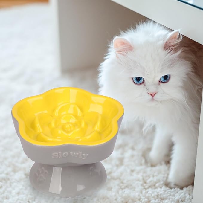 S&Q's CERAMICS Raised Slow Feeder Cat Bowl, Ceramic Elevated Food Bowl Small Dogs Slow Feeder, Flower Shaped Cute Pet Dish for Dry and Wet Food (Yellow, 5.8")