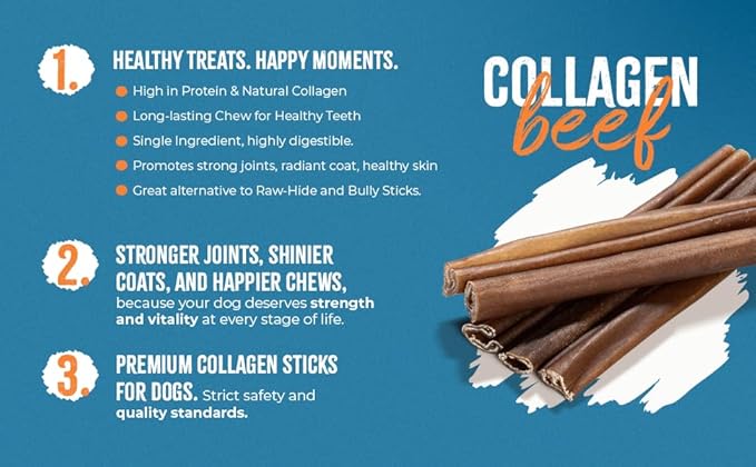 Collagen Sticks for Dogs – 12 Inch (10 Pack) Natural Single-Ingredient Beef Chews – Long-Lasting & Fully Digestible – Supports Dental & Joint Health (12" (10 Pack))