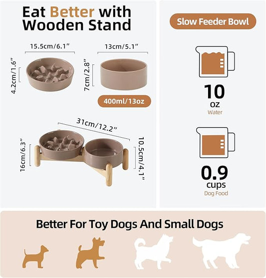 Ceramic 0.9 Cup Raised Slow Feeder Dog Bowl Set, Elevated 5.1inch Bowl and 6.1inch Slow Pet Food Dish with Wooden Stand for Small Dog and Cat(2 x Brown Coffee+ Stand)