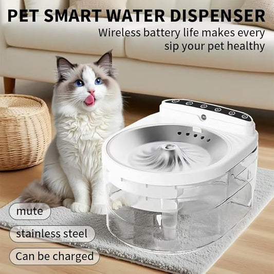 Pet Water Fountain, 101oz/3L Dog-Cat Fountain with Stainless Steel Tray, Wireless Battery Operated Pet Fountain 3 Water Flow Modes Can Sense Water, Quiet Dogs/Cats Water Bowl Dispenser with Filters