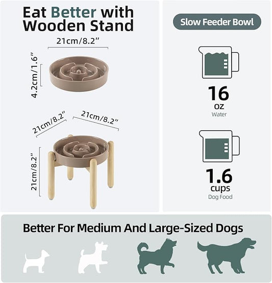 Ceramic 1.6 Cup Raised Slow Feeder Dog Bowl Set, Elevated Wooden Stand for Medium and Large Dog, 8.2inch Puzzle Slow Dish, Anti-Gulping(Brown Coffee, Single Bowl+ Stand)