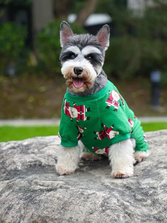 Lanyarco Cute Santa Claus Christmas Dog Pajamas PJS, XMS Holiday Pet Clothes Shirts Jammies Onsie, Green, Back 12" Small