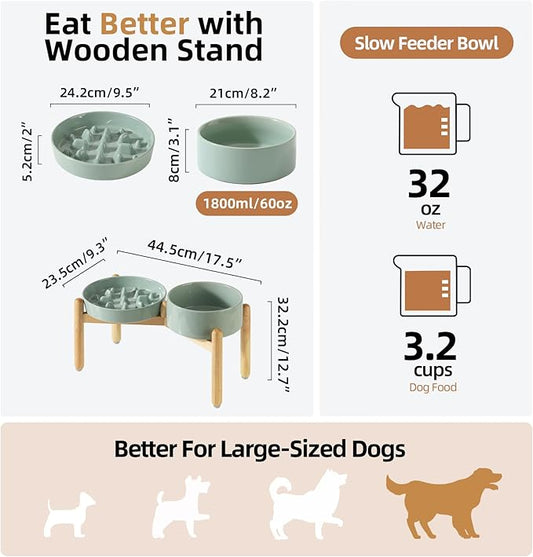Ceramic 3.2 Cup Raised Slow Feeder Dog Bowl Set, Elevated 8.2inch Bowl and 9.5inch Slow Pet Food Dish with Wooden Stand for Large Dog (2 x Light Green+ Stand)
