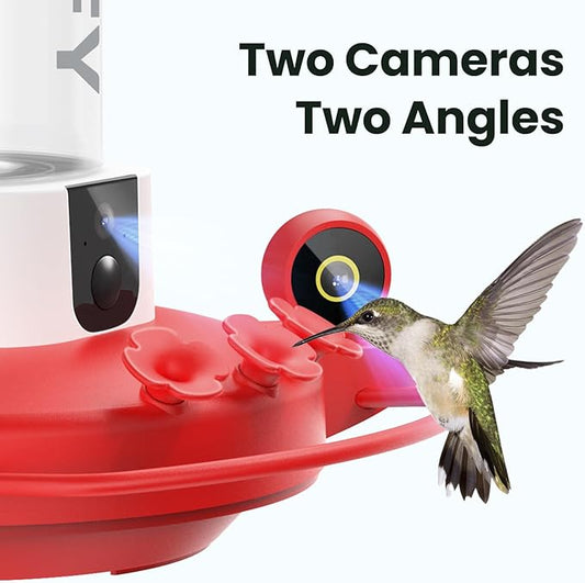 Birdfy Hummingbird Feeder with Dual Cameras - 2K HD Smart Cameras Solar Powered, Close-Up Bird Video/Live Watching & Instant Notifications, Ant Moat & Leakproof - 20oz (AI Lifetime)