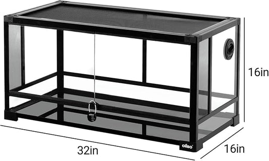 OIIBO Glass Reptile Terrarium, 32"x16"x16" Bearded Dragon Tank with One-Hand Opening Front Doors, Top and Front Ventilation, Reptile Lounge Habitat for Bearded Dragon Ball Python Snake Gecko