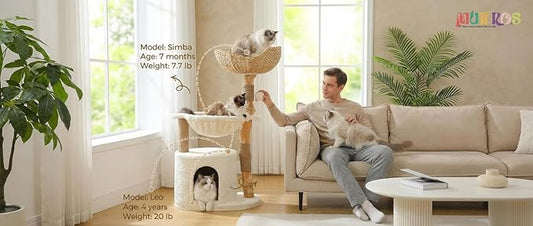 Modern Cat Tree for Large Cats, Wood Cat Tower for Indoor Cats, Real Branch Luxury Cat Furniture with Super Large Cozy Condo and Hammock & Scratching Post, Top Basket, White