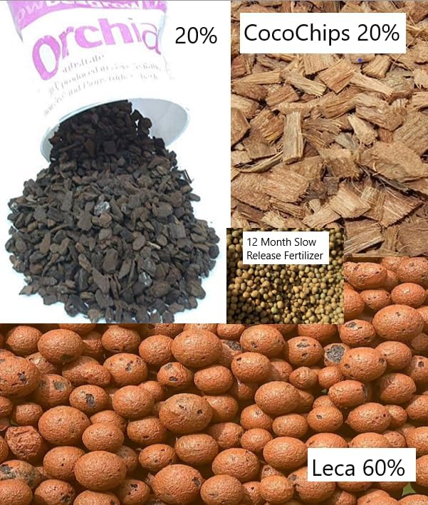 Superior Orchid Potting Mix: All-in-One Blend for Seedlings to Mature Orchids with Leca, Bark, Coco Chips & 12-Month Slow-Release Fertilizer (2lb)