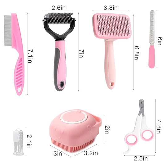 VCZONE 8 Pcs Dog Grooming Kit with Self Cleaning Tools: Nail Clipper, Flea Comb, Shampoo Brush, Shedding Brush, Dematting Comb, Silicone Toothbrush (Pink)