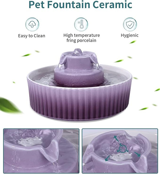 Ceramic Cat Water Fountain, Pet Ceramic Water Fountain, 2.1 L Drinking Fountains Bowl for Cats and Dogs with Replacement Filters and Foam(Purple)