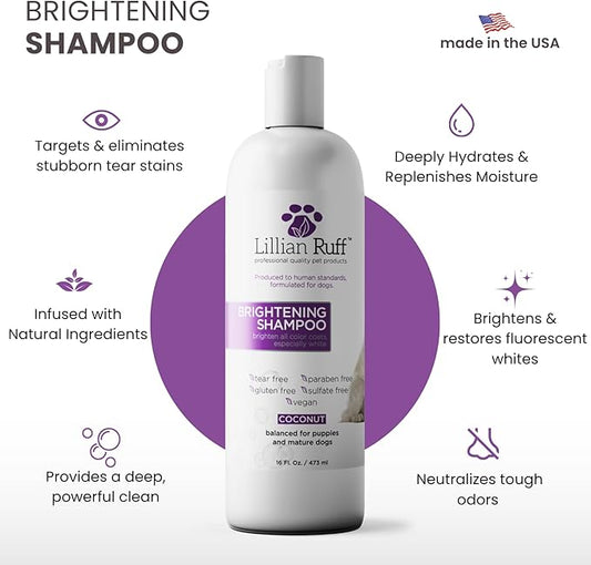 Lillian Ruff PRO Formula Ultra Brightening Dog Shampoo - Professional Whitening & Long-Lasting Odor Eliminator - Removes Stains & Discoloration, Dry Skin & Itch Relief with Aloe & Provitamin B5 (16oz)