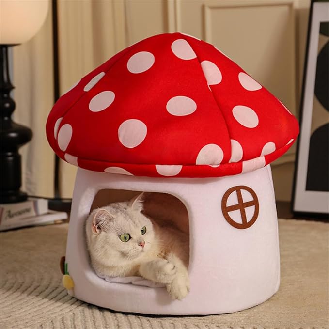 LYFJMUS Mushroom Cat Bed Chocolate Cookie Cat Beds for Indoor Cats Mushroom Cow Shape Cat Cave Bed Cat Tent with Removable & Washable Cushion Pillow Cat House Bed for Cats Small Dogs 