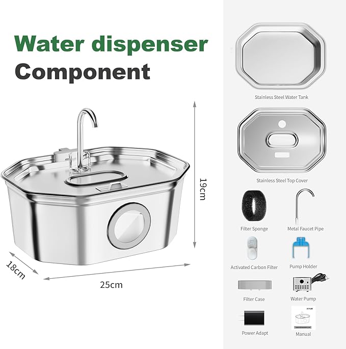 Cat Water Fountain Stainless Steel 108oz/3.2L, APAUK Automatic Pet Fountain Dog Water Dispenser with Water Level Window, Quiet Cat Fountain for Drinking, Inside with Replacement(1 Filters&1 Sponges)