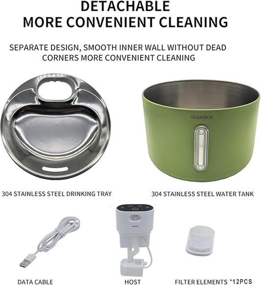 Wireless Cat Water Fountain Stainless Steel, 135oz/4L Cat Fountain, Battery Operated, Cordless Pet Water Fountain for Cats & Dogs with Motion Sensor, Ultra Quiet Pump, 12 Filters (Green, 4L)