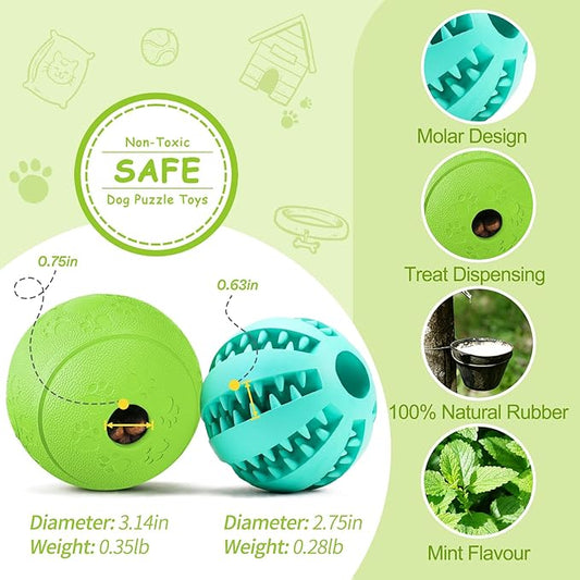 HIPPIH Dog Puzzle Toy 2 Pack, Interactive Dog Toys for Treat Dispensing, Durable Puppy Toys for Teething, Dog Treat Ball for Teeth/Slow Feeder/IQ Training/Playing, Blue-2.75‘’, Green-3.14‘’