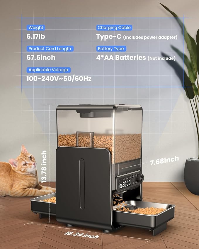 CityFlee Automatic Cat Feeder for 2 Cats, 5L/20 Cups Food Dispenser with Adjustable Raised Double Bowls, Detachable Control Panel, Timed Cat and Dogs Feeder for Dry Food, Dual Power Supply