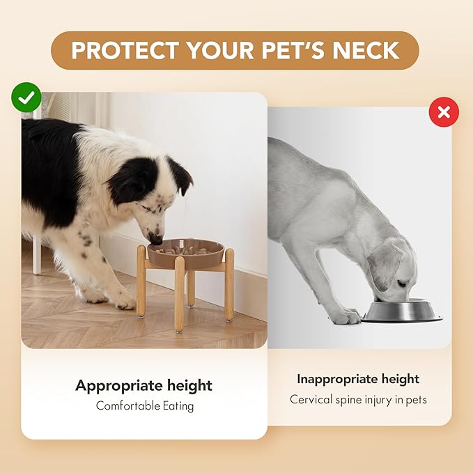 Ceramic 1.6 Cup Dog Raised Slow Feeder Set, Elevated Bowl with Wooden Stand for Medium and Large Dog, 8.2inch Slow Feeder Dish for Fast Easters, Anti-Gulping(Brown Coffee, Single Bowl+ Stand)