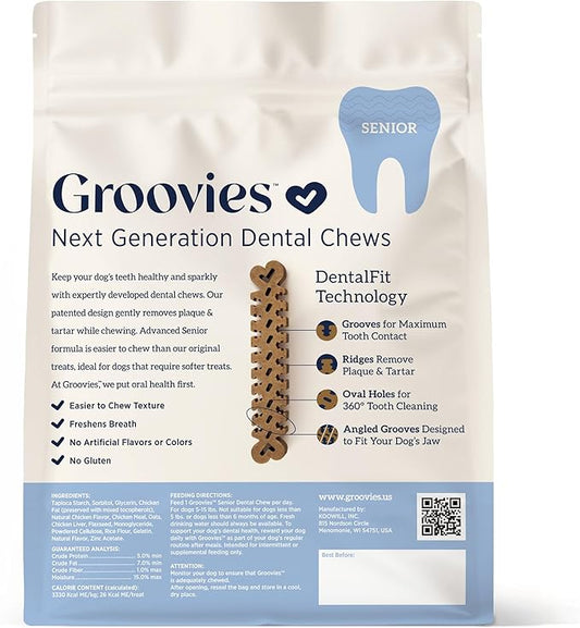 Groovies Slightly Softer, Yet Flexible Dental Chew for Senior Dogs & Delicate Chewers. Powered by USA-Patented DentalFit Tech. No Added Gluten, No Artificial Flavors or Colors. 27oz Small (96Chews)