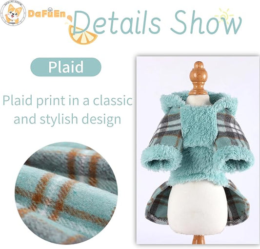 Dog Hoodie Dress Winter Pet Sweaters for Small Dogs Girl Cold Weather Warm Puppy Dresses Plaid Pet Clothes Outfits for Chihuahua Yorkie Teacup Cat Skirt Coat Apparel Clothing (Small, Blue)