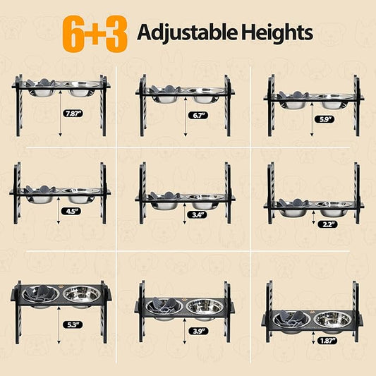 Elevated Dog Bowls, 9 Heights Adjustable Raised Dog Bowl Stand for Small & Medium Pet with 2 Stainless Steel Dishes and 1 Slow Feeder Bowl, Sturdy Bamboo Pet Food Dishes with Non-Slip Feet