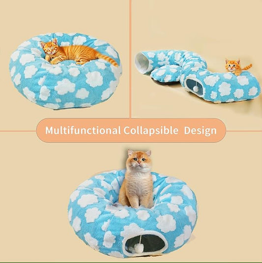 Cat Tunnel Bed for Indoor Cats, Plush Washable Cushion Peekaboo Play Space for Kittens, Puppies, Rabbits, Multifunctional Collapsible Design, Soft Collapsible Cat Cave with Central Mat (Blue)