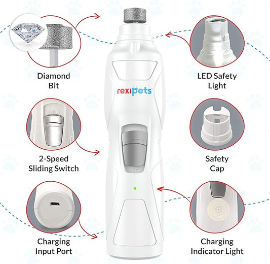 REXIPETS Cat and Dog Nail Grinder - Rechargeable Electric Pet Nail Clipper & Trimmer- Painless Paws Grooming - Quiet 2-Speed Motor. 3 Size Ports for Small, Medium, Large Pets- Up to 4 Hours of Charge