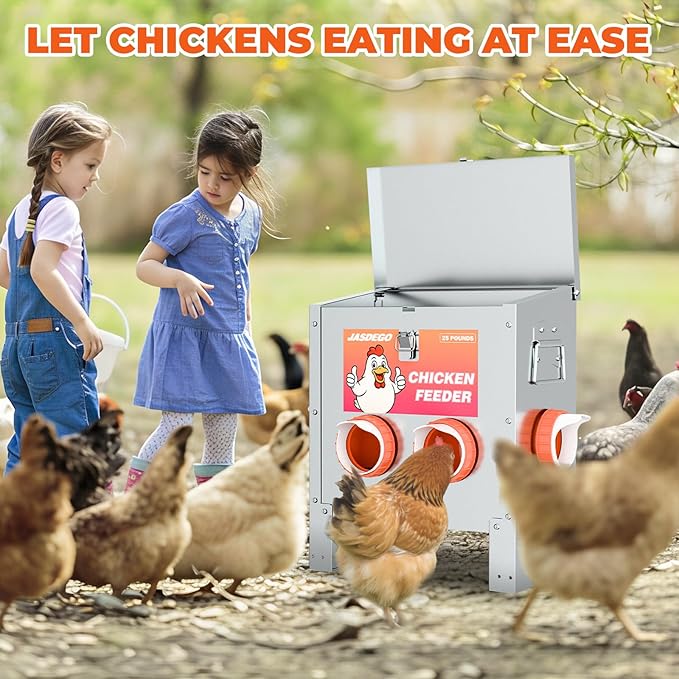 JASDEGO 4 Ports Metal Chicken Feeder No Waste 25 Pounds Automatic Poultry Feeder with Latch & Handle for Chickens Bantams Pheasants Poultry Coop Rodent Proof