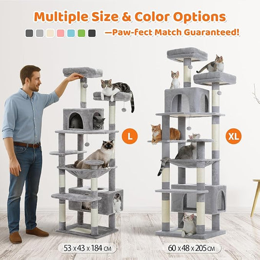 PAWZ Road Heavy Duty Cat Tree for Large Cats, 81 Inches Tall Cat Tower with 2 Perches, 2 Condos and Spacious Hammock, XL Extra Large Condo with 7 Scratching Posts for 20lb+ Adult Cats,Gray