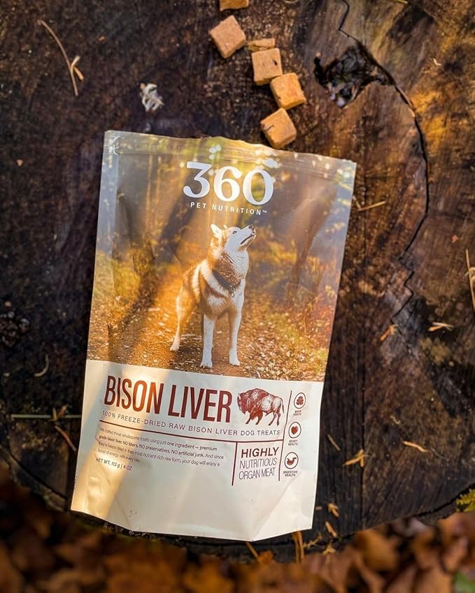 360 Pet Nutrition Freeze-Dried Raw Bison Liver Dog Treats – Single Ingredient, High Protein, Grain-Free, All-Natural Training Snacks, Made in USA, 4 oz