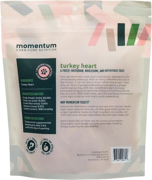 Momentum Carnivore Nutrition Freeze-Dried Turkey Heart Dog Treats & Cat Treats – Single-Ingredient, High-Protein, Grain-Free, Lean & Easily Digestible – Made in USA – 3 oz Bag