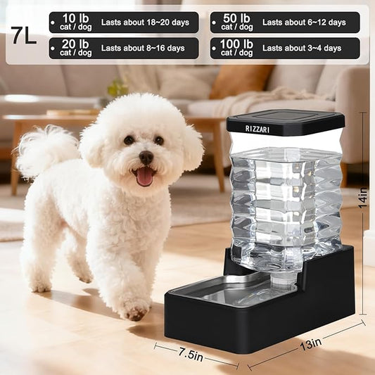 RIZZARI Stainless Steel Dog Dispenser: 7.5L Large Capacity Gravity Waterer - Clear Tank Water Level View -No Mess Keeps Floors Dry- No Power Needed - for Medium Dogs - Kitchen Corner/Crate Area