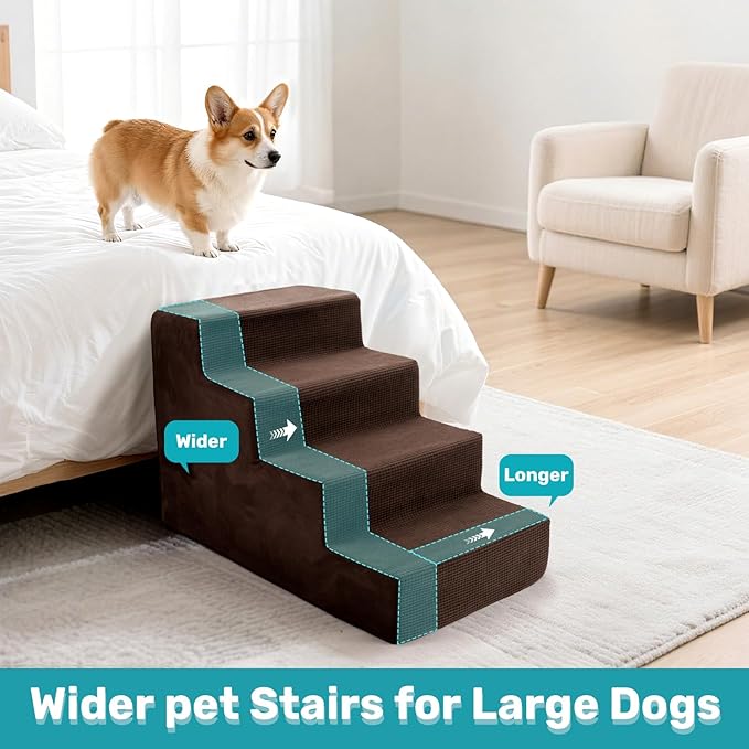Dog Stairs for Bed, Extra Wide 4-Step Dog Steps for High Bed, High-Density Foam Pet Stairs with Non-Slip Removable Washable Cover for Small Pets, 18" H, Brown